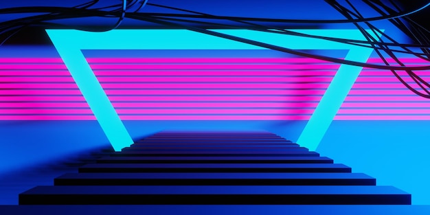 미래의 사이버 펑크 도시 게임 벽지 공상 과학 배경의 3d 그림 렌더링 e스포츠 게이머 배너 네온 글로우 기술 및 네트워크 기호