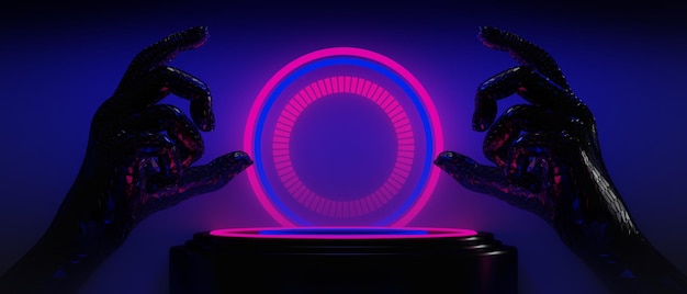 3d illustration rendering of futuristic cyberpunk display gaming scifi stage pedestal background gamer banner sign of neon glow stand podium for product