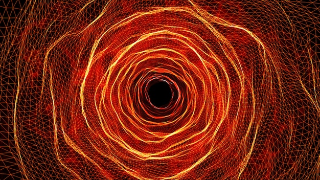 Foto illustrazione 3d che rende il tunnel arancio futuristico della rete metallica della griglia dell'oro.