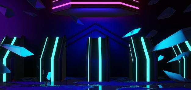3Dイラストレンダリングゲームゲーマー背景抽象壁紙サイバーパンクスタイルメタバースSFゲームステージシーン台座部屋のネオンの輝き