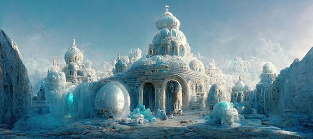 3d illustration rendering of great sacred ice temple with hemispherical vault chapel with underground hall and altar