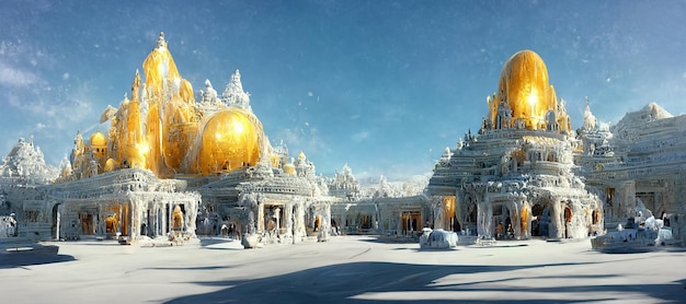 3d illustration rendering of great sacred ice temple with hemispherical vault chapel with underground hall and altar