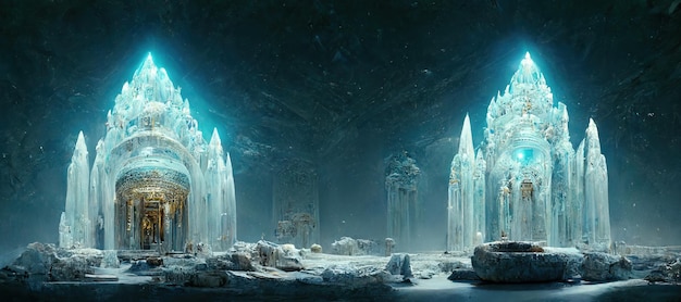 3d illustration rendering of great sacred ice temple with hemispherical vault chapel with underground hall and altar