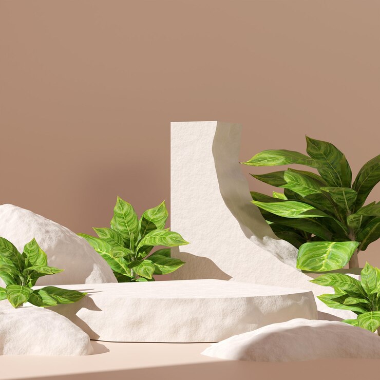 3D illustration rendering image of empty space mockup podium green nature themed for product display