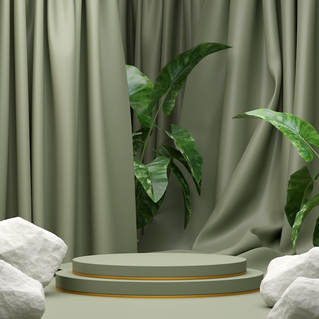 제품 디스플레이를 테마로 한 빈 공간 모형 연단 녹색 자연의 3D 그림 렌더링 이미지