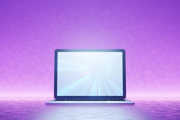 3D illustration rendering Laptop computer silver and black color blank screen on pink purple light background