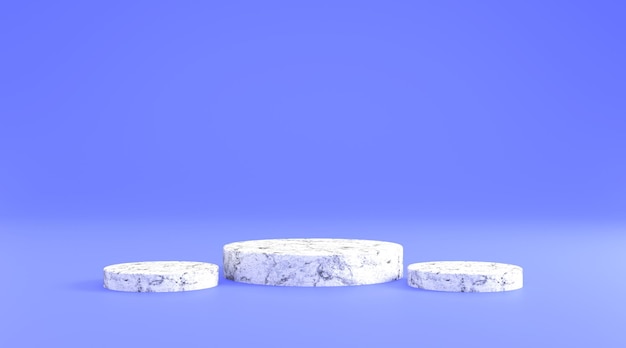 Illustrazione 3d che rende il podio in marmo bianco con un bellissimo sfondo blu