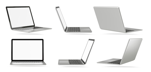 3Dイラストレンダリングオブジェクト。ラップトップコンピューターの銀と黒の色、空白の画面の分離された白い背景。クリッピングパス画像。