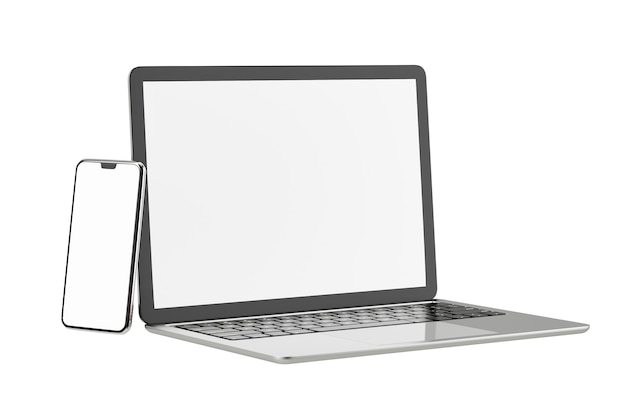 3D illustration rendering object. Laptop computer silver and black color with smartphone mobile blank screen isolated white background. Clipping path image.