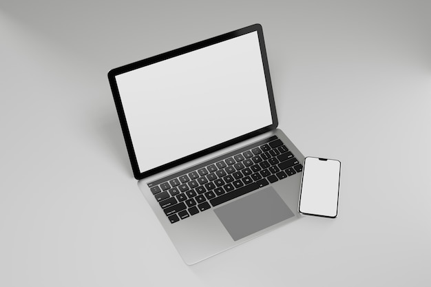 Photo 3d illustration rendering object. laptop computer silver and black color with smartphone mobile blank screen.