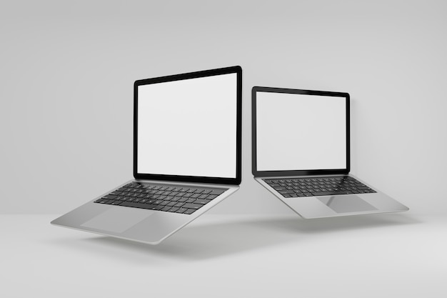 3D illustration rendering object. Two laptop computer silver and black color blank screen.