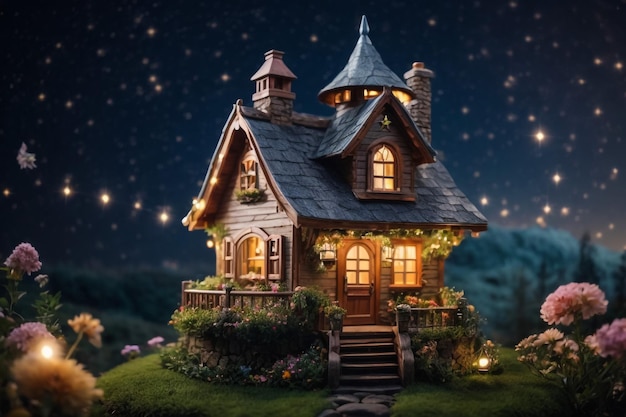 写真 3dイラストで描かれた魔法の森 サンタの家がキリストのために美しく装飾されています