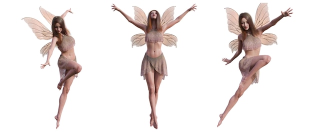 Photo 3d illustration rendering portrait of a fantasy fairy dancing set on white background with clipping path