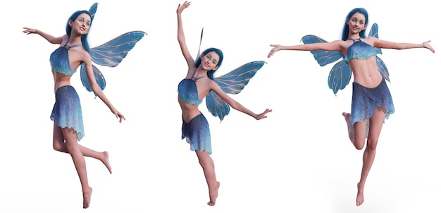 写真 3 d イラスト レンダリング クリッピング パスと白い背景に設定を踊るファンタジー妖精の肖像画