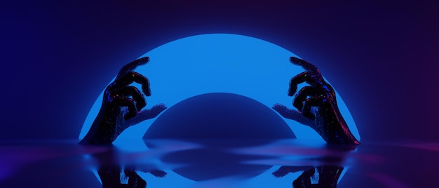 ロボット ハンド技術の 3 d イラスト レンダリング未来的なサイバー パンク ディスプレイ ゲーム SF ステージ台座背景ゲーマー バナー サインのネオングロー スタンド表彰台
