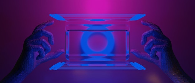 로봇 손 기술의 3d 그림 렌더링 미래형 사이버 펑크 디스플레이 게임 공상 과학 무대 받침대 배경 게이머 배너 네온 빛 스탠드 연단의 기호