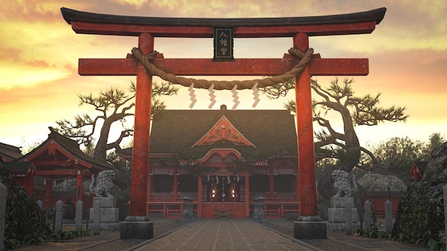 3D-рендеринг синтоистского храма на закате