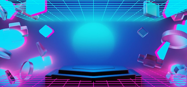 3d illustration rendering of y2k 2000s gamer technology futuristic fantasy metaverse cyberpunk scifi display podium abstract background neonglow