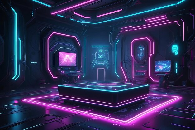 3D-иллюстрация рендеринга игр геймер фона абстрактные обои киберпанк стиль метаверс scifi игра неоновое свечение сцены пьедестальная комната