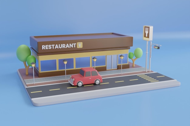 Illustrazione 3d del ristorante. rendering 3d di un ristorante fast food su sfondo blu.