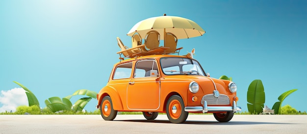 3D illustration of a retro car with a summer vacation accessory on a green background