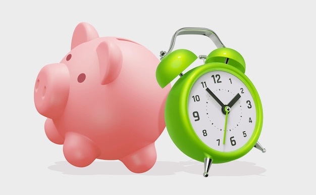 3d illustration of retro green alarm clock with pink piggy bank on color background time to save money 3d design