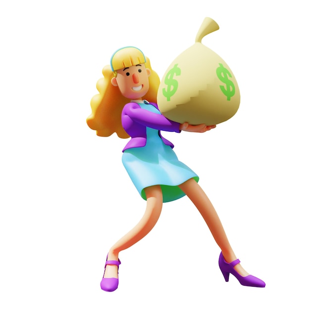 Photo 3d illustration rich rich beautiful woman 3d character illustration with sack of money walking