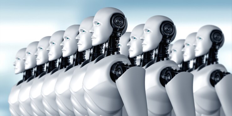 Photo 3d illustration of robot humanoid group