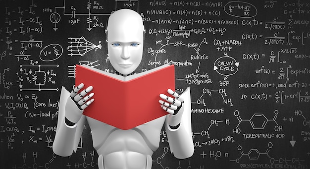 3D иллюстрации робота-гуманоида, читающего книгу и решающего математику