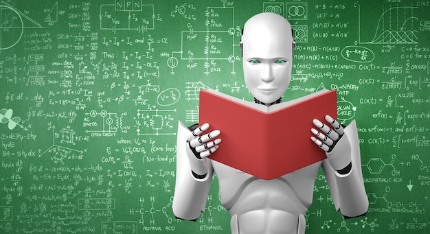 3D illustration of robot humanoid reading book and solving math