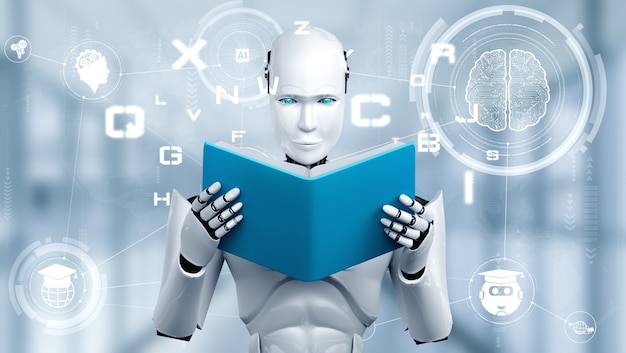3D иллюстрации робот-гуманоид, читающий книгу