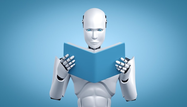 3D иллюстрация робота-гуманоида, читающего книгу