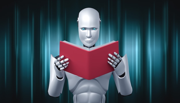 3D illustration of robot humanoid reading book