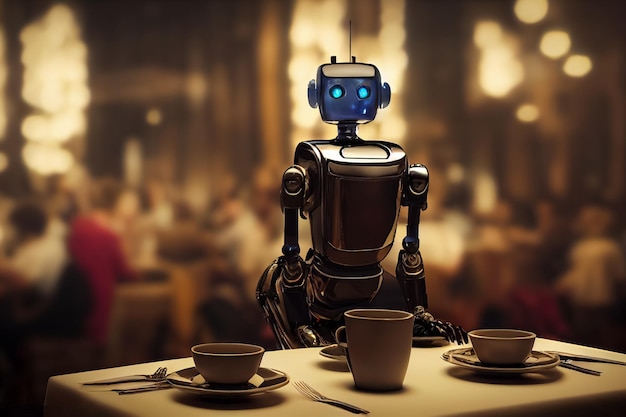 3d illustration robotic technology as waiter in modern restaurant