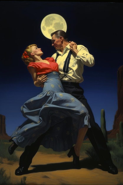 Foto illustrazione 3d di una coppia romantica che balla nel deserto di notte