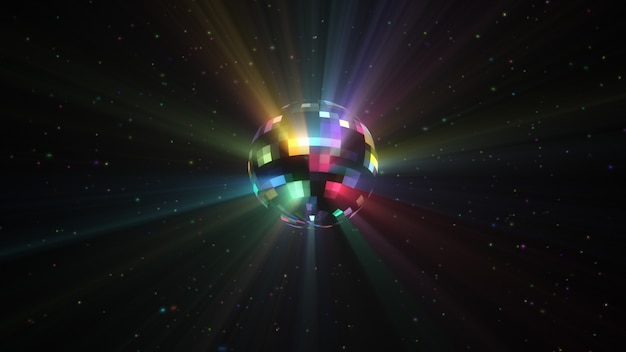 3d illustration rotation of a colorful multi-colored disco ball with particles and rays