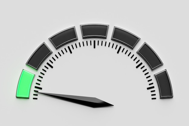 Foto illustrazione 3d icona rotonda del pannello di controllo concetto a basso rischio sul tachimetro scala di rating del credito