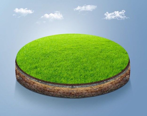 3D Illustration round grass land cross section isolated with clouds. isometric grass section ads.