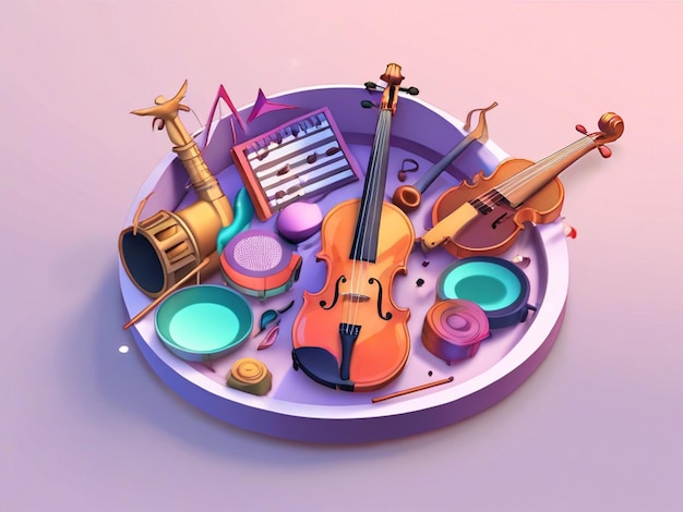 3Dイラスト 楽器の丸い形状とギターバイオリンなど 音楽の日を祝うために