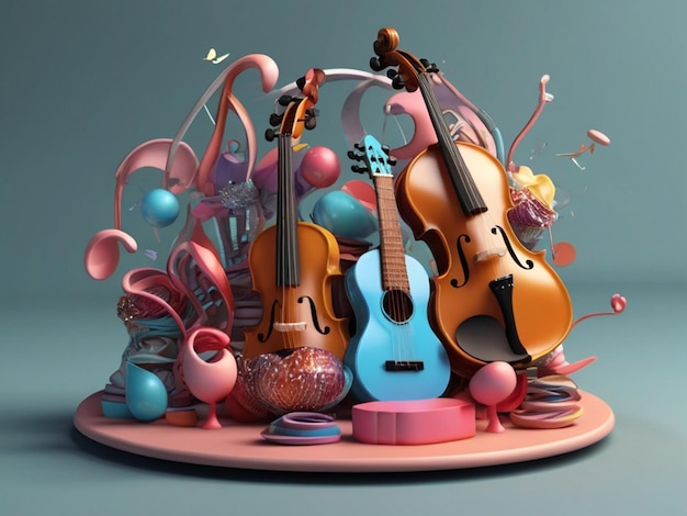 3Dイラスト 楽器の丸い形状とギターバイオリンなど 音楽の日を祝うために