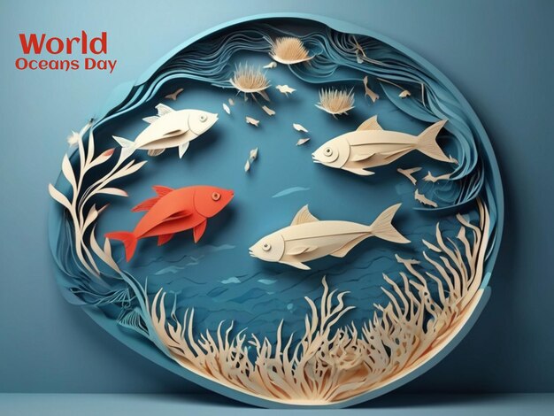 3d illustration round shape of ocean paper cut with fishes