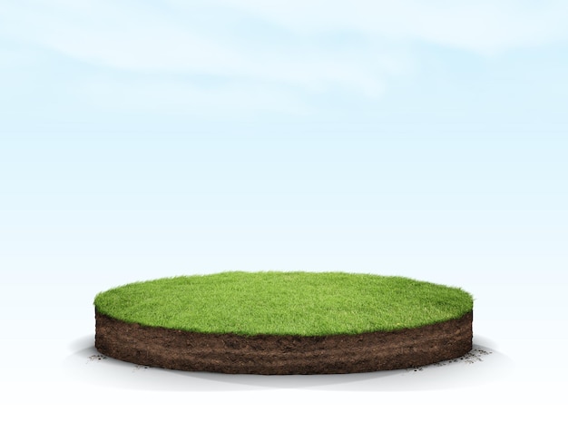 3d illustration round soil ground cross section with earth land
and green grass land isolated