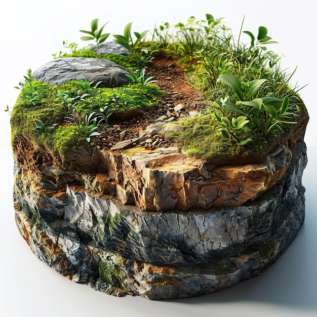 3D Illustration round soil ground cross section with earth land and green grass realistic 3D render