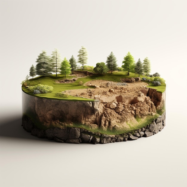 3D Illustration round soil ground cross section with earth land and green grass realistic 3D render