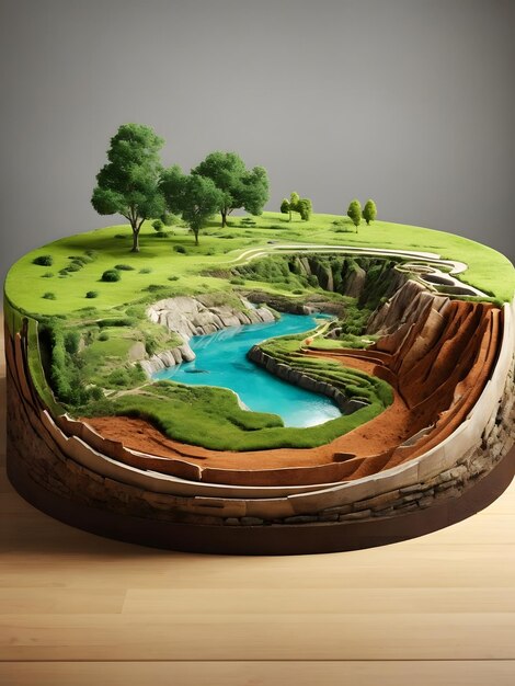 3D Illustration round soil ground cross section with earth land and green grass