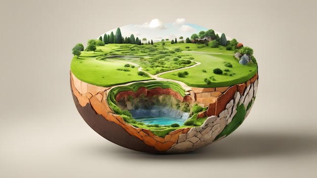 Foto illustrazione 3d sezione trasversale del terreno rotondo con terra ed erba verde