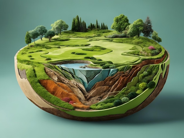 Foto illustrazione 3d sezione trasversale del terreno rotondo con terra ed erba verde