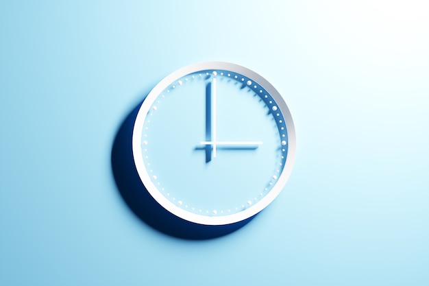 3d illustration of a round transparent clock without numbers with a shadow on a blue isolated background. Time concept