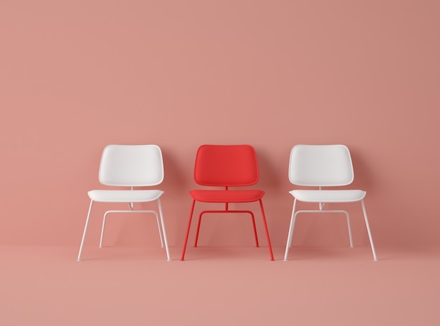 3D Illustration. Row of chairs with one with different colour.