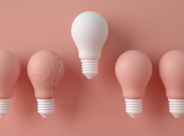 3D Illustration. Row of light bulbs with one of different colour.